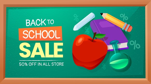 Plantilla de banner horizontal de venta plana de regreso a la escuela con pizarra y manzana