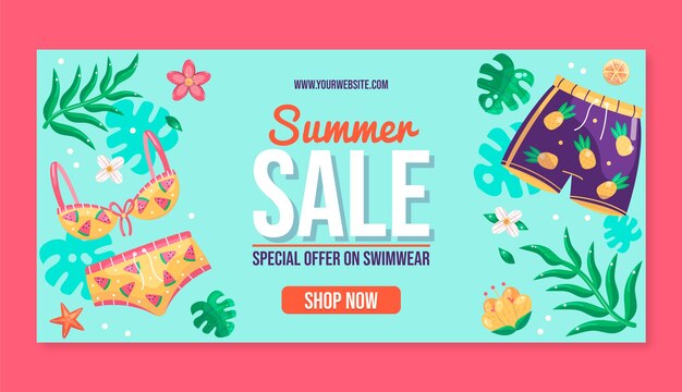 Plantilla de banner horizontal de venta plana de verano con bikinis y pantalones cortos