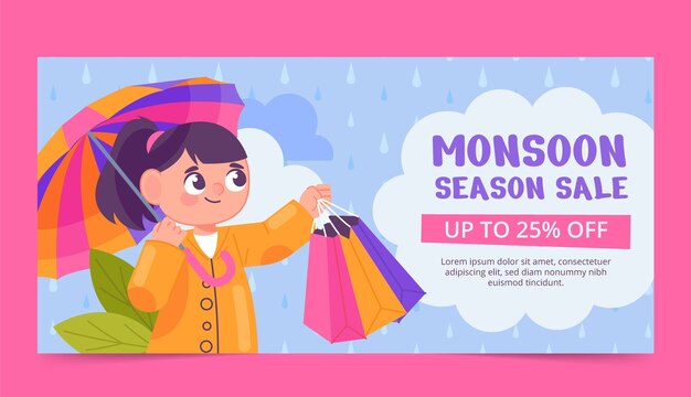 Vector gratuito plantilla de banner horizontal de venta de temporada de monzón plano con mujer sosteniendo bolsas de compras bajo paraguas