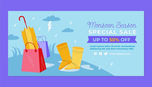 Plantilla de banner horizontal de venta de temporada de monzón plano con paraguas y botas