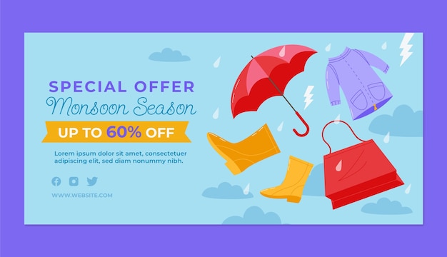 Plantilla de banner horizontal de venta de temporada de monzón plano con paraguas y botas