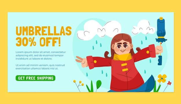 Plantilla de banner horizontal de venta de temporada de monzón plano con persona con paraguas