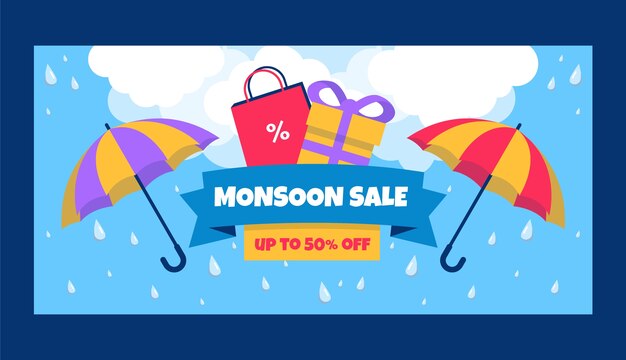 Plantilla de banner horizontal de venta de temporada de monzón plano con regalos y sombrillas