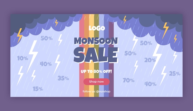 Vector gratuito plantilla de banner horizontal de venta de temporada de monzón plano con tormenta y arco iris