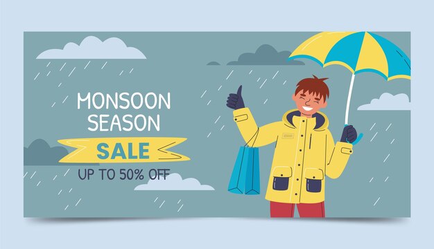 Plantilla de banner horizontal de venta de temporada de monzón plano