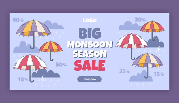 Plantilla de banner horizontal de venta de temporada de monzones planos con sombrillas y nubes