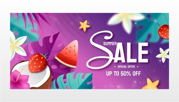 Plantilla de banner horizontal de venta de verano degradado con flores y hojas