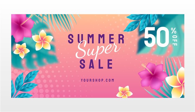 Plantilla de banner horizontal de venta de verano degradado con flores y hojas