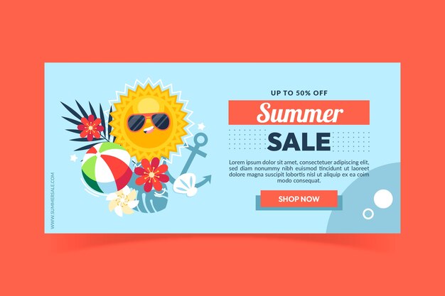 Plantilla de banner horizontal de venta de verano plano