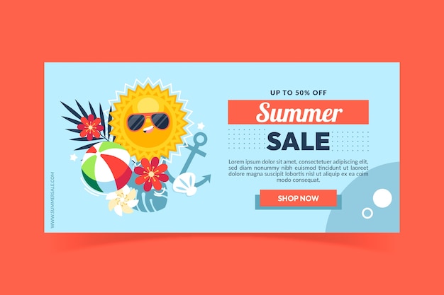 Plantilla de banner horizontal de venta de verano plano