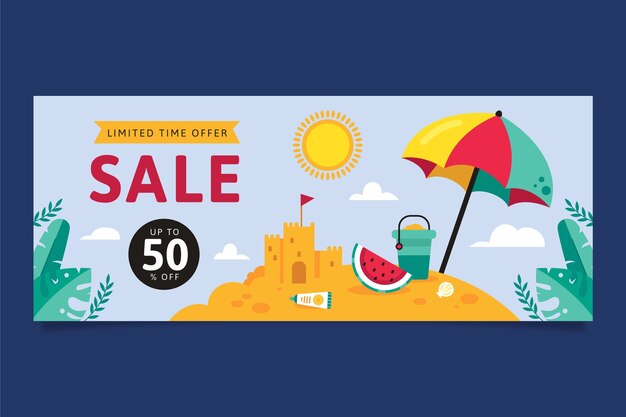 Plantilla de banner horizontal de venta de verano plano