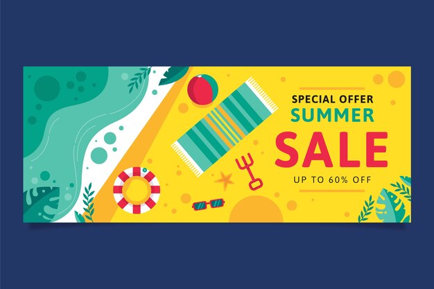 Plantilla de banner horizontal de venta de verano plano