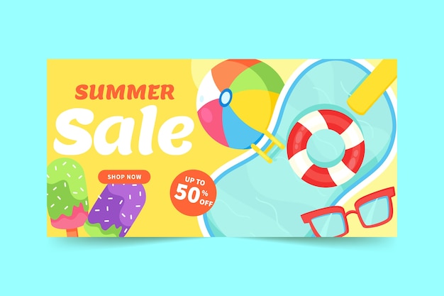 Vector gratuito plantilla de banner horizontal de venta de verano plano