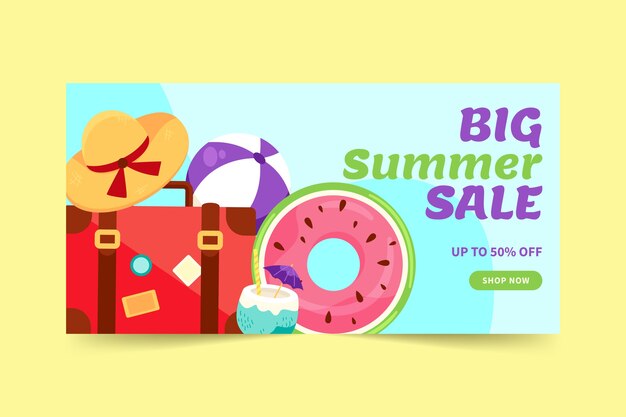 Plantilla de banner horizontal de venta de verano plano