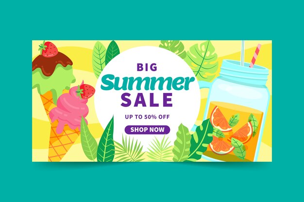 Plantilla de banner horizontal de venta de verano plano