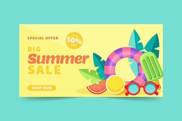 Plantilla de banner horizontal de venta de verano plano