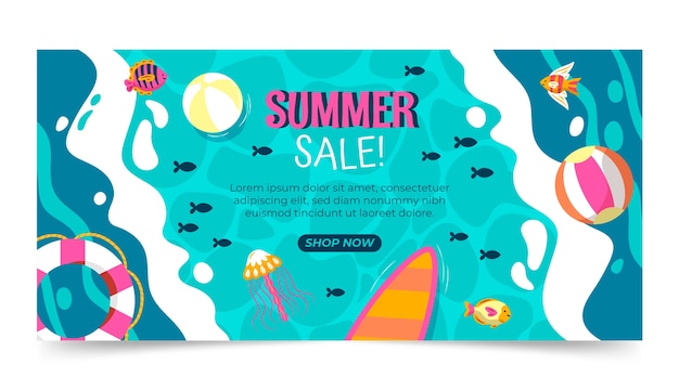 Plantilla de banner horizontal de venta de verano plano