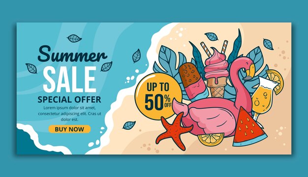 Plantilla de banner horizontal de verano dibujado a mano