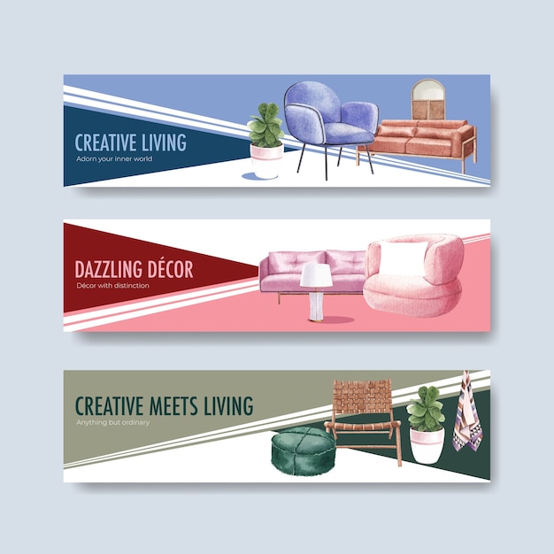 Vector gratuito plantilla de banner con muebles de lujo en estilo acuarela