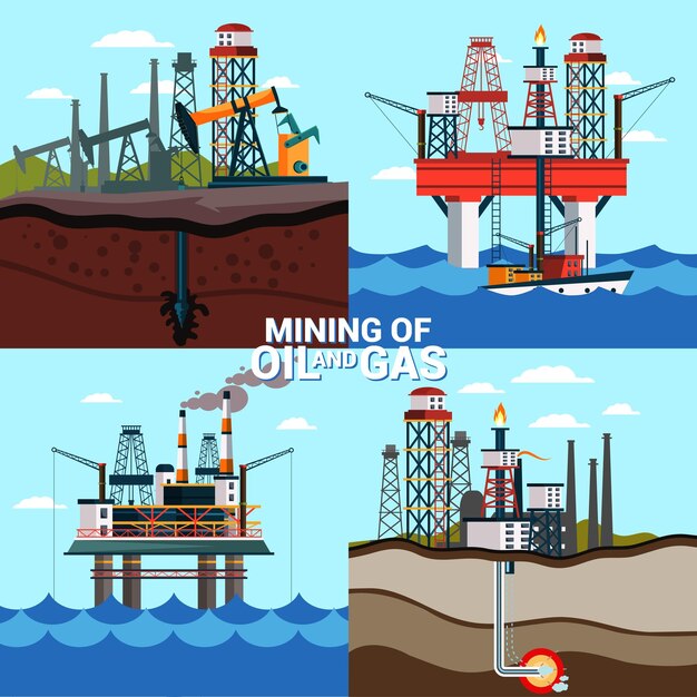 Plantilla de banner plano de minería de petróleo y gas Diseño de carteles de la industria de extracción de minerales fósiles Ilustración de maquinaria pesada