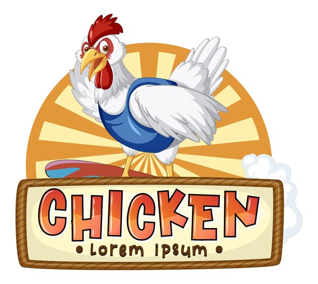 Plantilla de banner de pollo con un divertido pollo de granja