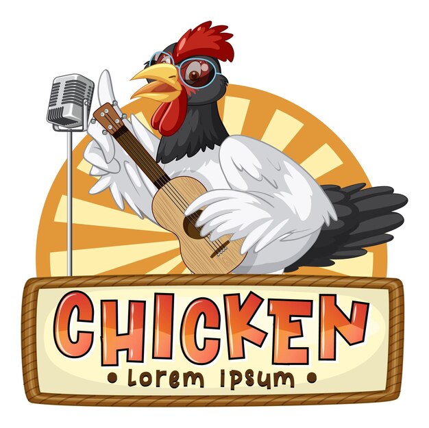 Plantilla de banner de pollo con un pollo tocando la guitarra de dibujos animados ch