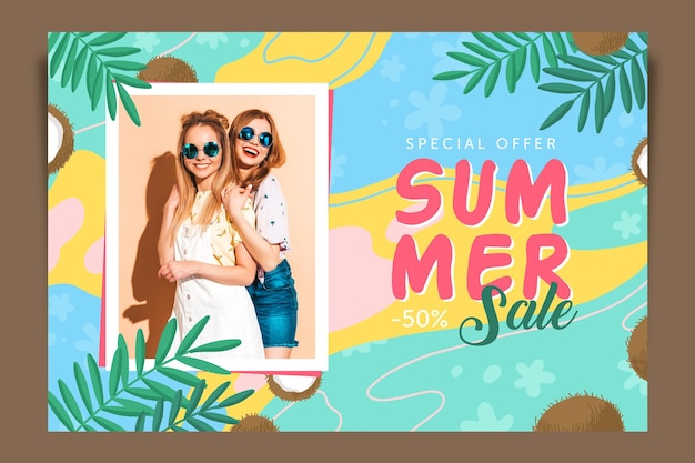 Vector gratuito plantilla de banner de rebajas de verano dibujado a mano con foto