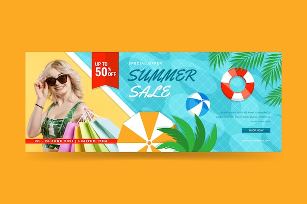 Vector gratuito plantilla de banner de rebajas de verano plano con foto