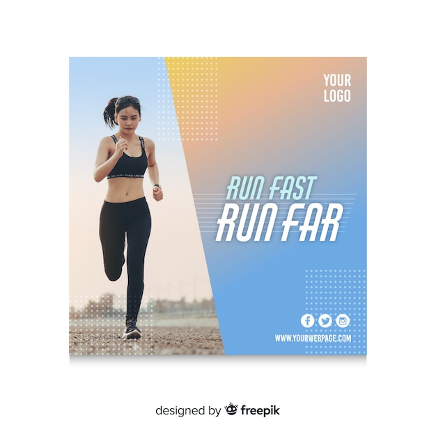 Vector gratuito plantilla de banner para running o flyer cuadrado con fotografía de mujer corriendo