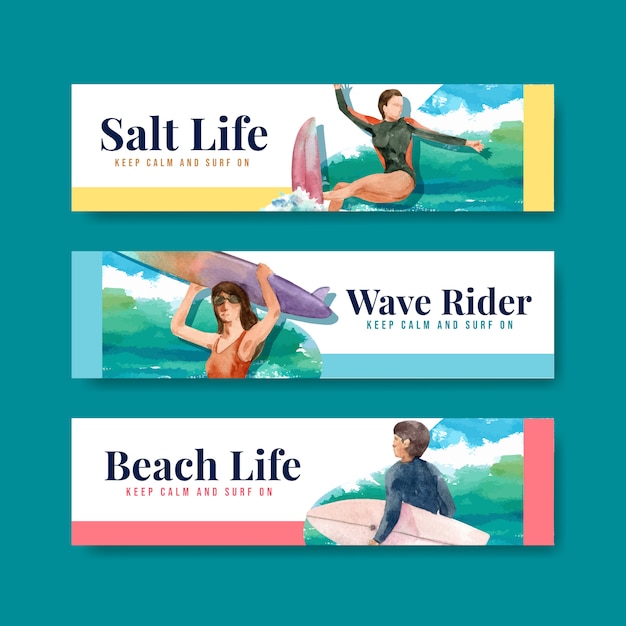 Vector gratuito plantilla de banner con tablas de surf en la playa.