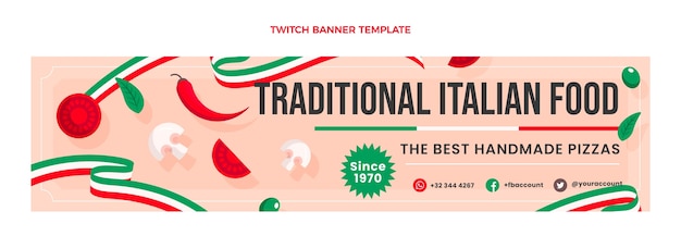 Vector gratuito plantilla de banner de twitch de comida italiana plana