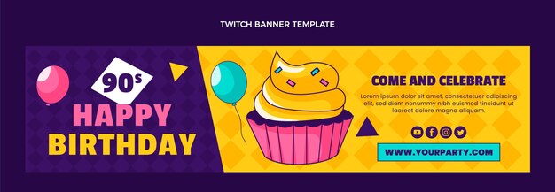 Plantilla de banner de twitch de cumpleaños de los 90 dibujados a mano