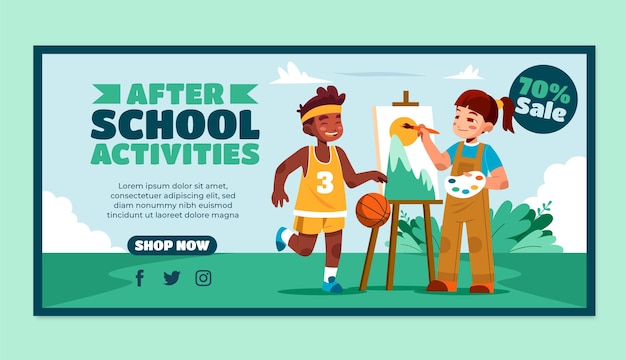 Vector gratuito plantilla de banner de venta de actividades extraescolares planas para niños