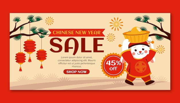 Plantilla de banner de venta de año nuevo chino plano