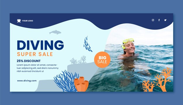 Plantilla de banner de venta de buceo de diseño plano