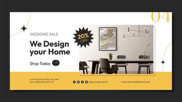 Plantilla de banner de venta de empresa de diseño de interiores plana