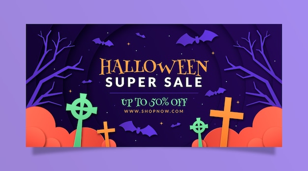 Vector gratuito plantilla de banner de venta de estilo de papel para celebración de halloween