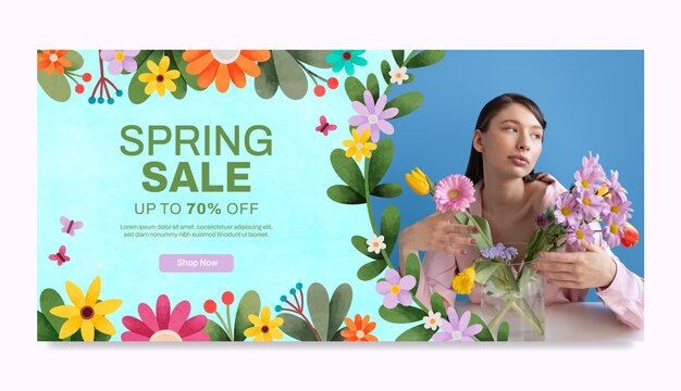 Plantilla de banner de venta horizontal de acuarela para la celebración de la temporada de primavera