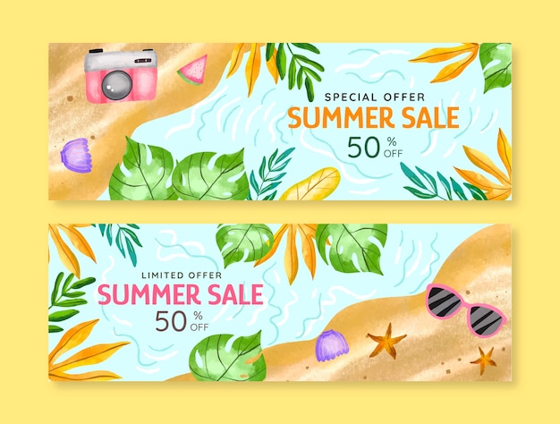 Plantilla de banner de venta horizontal de acuarela para la temporada de verano