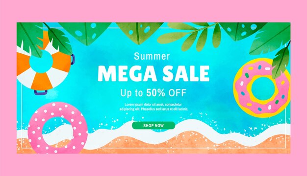 Plantilla de banner de venta horizontal de acuarela para la temporada de verano