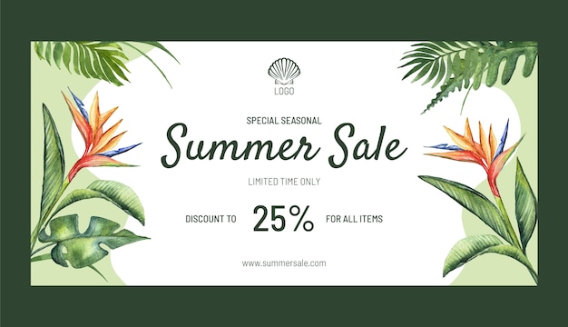 Vector gratuito plantilla de banner de venta horizontal de acuarela para la temporada de verano