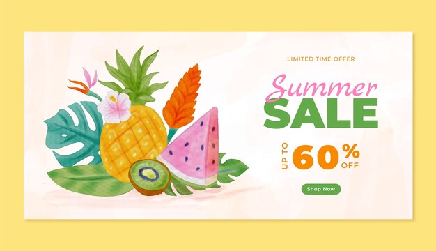 Plantilla de banner de venta horizontal de acuarela para el verano