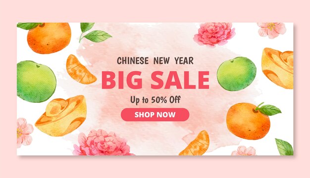Plantilla de banner de venta horizontal de año nuevo chino acuarela