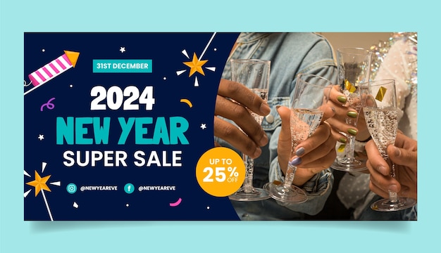 Vector gratuito plantilla de banner de venta horizontal para la celebración del año nuevo 2024