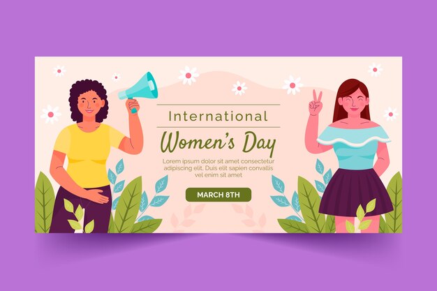 Plantilla de banner de venta horizontal de celebración del día de la mujer plana
