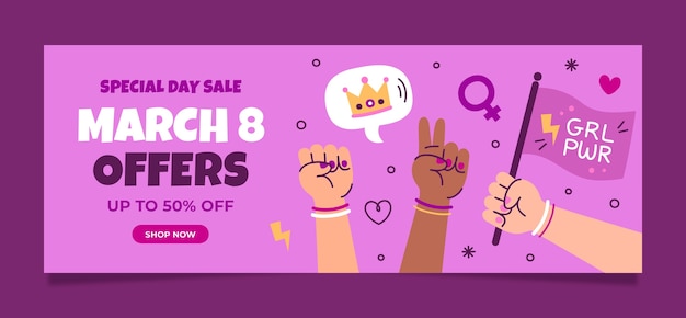 Vector gratuito plantilla de banner de venta horizontal de celebración del día de la mujer plana