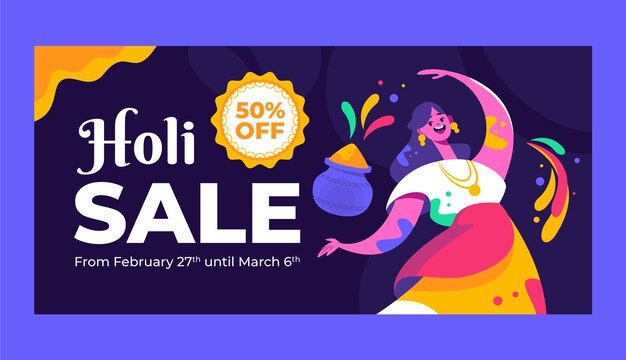 Plantilla de banner de venta horizontal de celebración de festival holi plano