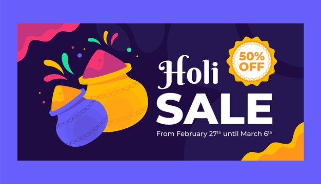 Plantilla de banner de venta horizontal de celebración de festival holi plano