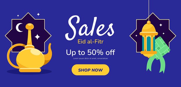 Plantilla de banner de venta horizontal para la celebración islámica de eid al-fitr