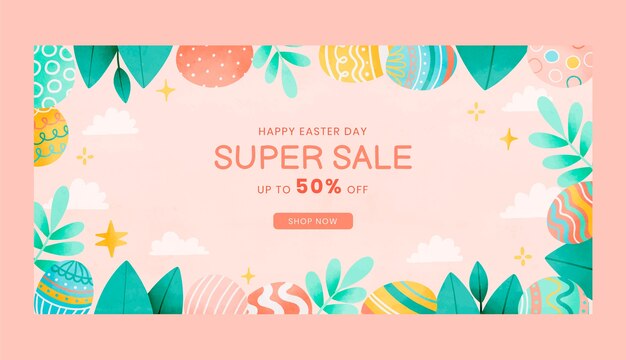 Plantilla de banner de venta horizontal de celebración de pascua de acuarela